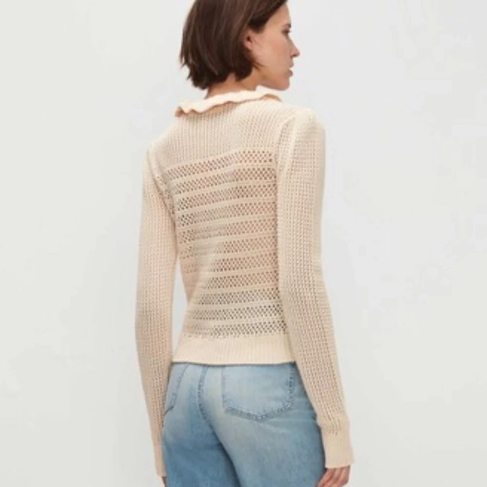 7 FOR ALL MANKIND | Ruffle Neck Long Sleeve Sweater in Heather Oatmeal | Size M